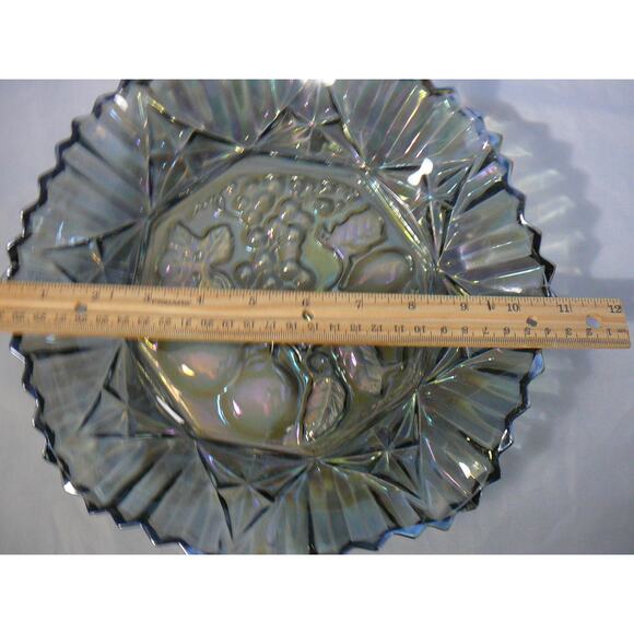 Vtg Federal Glass Smoked Iridescent Fruit Embossed Fruit Wavy Rim Serving Bowl - Picture 4 of 5
